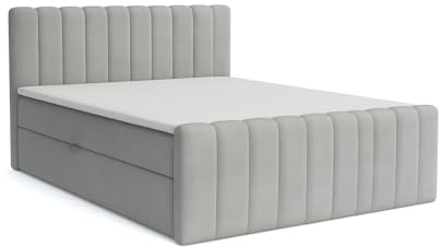 Generisch Boxspringbett Aster mit Bettkasten 140 x 200 cm, Polsterbett mit Bonellmatratze Topper Doppelbett mit Stauraum gepolstertes Kopfteil, Doppelbett Schlafzimmer Härtegrad H3, hellgrau
