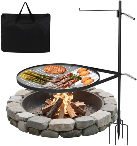 Toriexon 24 Campfire Grill Grate, 304 Stainless Steel Grate, Grill Tray, Waterproof Storage Bag, Rotatable, Height Adjustable, Portable, Easy Setup, Perfect for Hiking, Picnics & Family BBQs