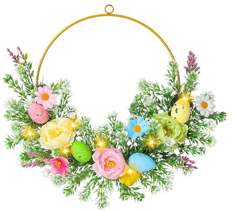 Türkranz Ostern mit Beleuchtung, 35CM Osterdeko Kranz mit LED Lichterkette Osterkranz Haustür mit Metallring Türkranz Frühling Blumen Eier Frühlingsdeko Blumenkranz für Tür Fenster Wand (C)