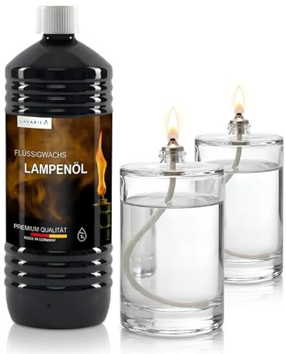 2er Set Öllampen 100 ml + 1L Flüssigwachs – Nachfüllbare Glas Öllampe Set – Geruchsneutral, Rußfrei – Für Bars, Restaurants, Innen & Außen, Tischdeko, Garten, Camping, Notbeleuchtung