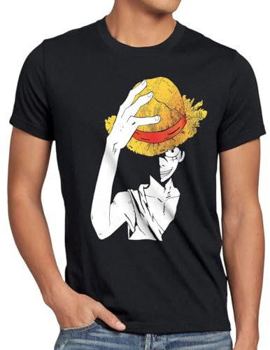 style3 Ruffys Straw Hat Herren T-Shirt Strohhut Anime Manga Japan, Größe:XXL, Farbe:Schwarz