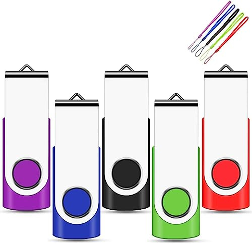 EASTBULL 1GB USB Stick 5 Pack, Memory Sticks USB 2.0 Metal Flash Drive Swivel Design Fold Storage with 5 Color Lanyards