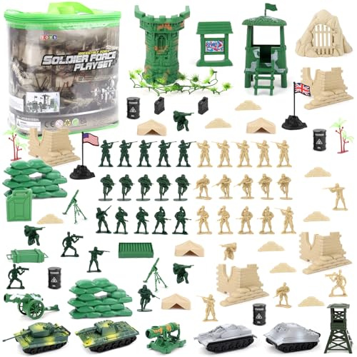 deAO Militärt lekset i 100 delar med miniatyrsoldater, militära figurer, stridsvagnar, flygplan, flaggor, transport- och stridstillbehör