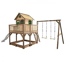 AXI Liam Maison Enfant avec Bac à Sable, 2 Balançoires & Toboggan Blanc | Aire de Jeux pour l'extérieur en Marron & Vert | Maisonnette/Cabane de Jeu en Bois FSC