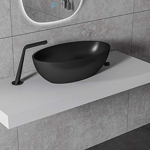Aufsatzwaschbecken RELAX aus Mineralguss Solid Stone - Farbe:Schwarz matt, Ablaufgarnitur/Pop-up:Mit Ablaufgarnitur, Zusätzl. Blende für Ablaufgarnitur:ohne zusätzl. Blende