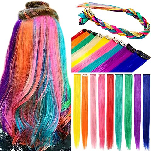 ZHAOWWEI 9 Stück farbige Verlängerungen Multi Farben Party Highlights Streak synthetische Haarstücke Clip in farbigen Haarverlängerungen (Regenbogen)