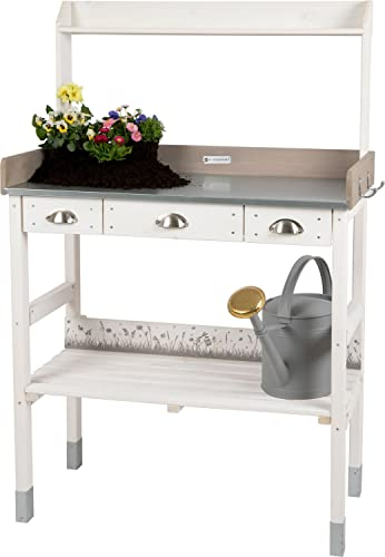 WONDERMAKE® Großer Pflanztisch weiß mit 3 Schubladen aus Holz wetterfest, Garten-Arbeitstisch XL für Outdoor draußen Balkon hochwertig, Gärtnertisch, 85 x 45 x 130 cm, weiß grau