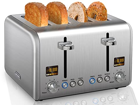 SEEDEEM 4 Slice Toaster, Stainless Steel Bread Toaster with 2 LCD Display, 7 Shade Settings, 1.4'' Extra Wide Slots Bagel Toaster with Cancel/Bagel/Defrost/Reheat Functions,Silver Metallic