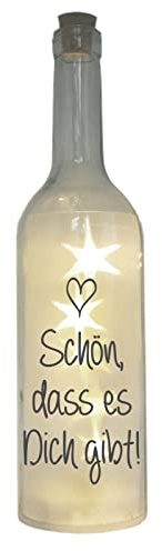 WB wohn trends LED-Flasche mit Motiv, Schön DASS es Dich gibt, grau, 29cm, Flaschen-Licht Glitzer-Flasche Leuchtflasche Lampe mit Text Spruch
