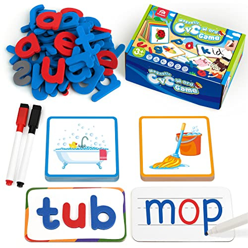 Coogam Short Vowels Spelling Flashcards mit magnetischen ABC-Buchstaben, Lernen, CVC Sight Words Flashcards Montessori Lernspielzeug für Kinder 3 4 5 Jahre alt schreiben