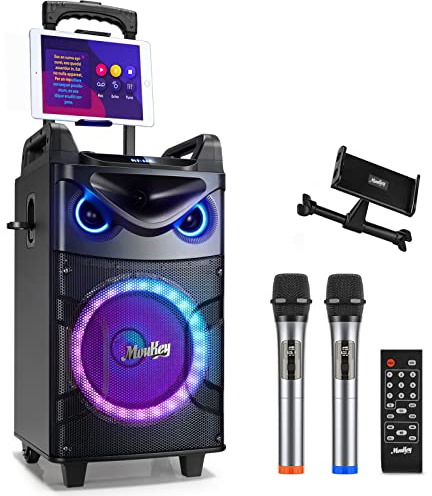 Moukey Casse Karaoke con 2 UHF Microfoni wireless, Karaoke Professionale Completo con bassi/alti, Porta Tablet e Luci per feste, Altoparlante Bluetooth portatile Supporto TWS/REC/AUX/MP3/USB/TF/FM