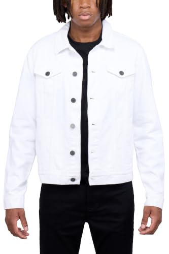 X RAY Mens Denim Jacket, Washed Ripped Distressed Flex Stretch Casual Trucker Biker Jeans Jacket for Men, White, Large