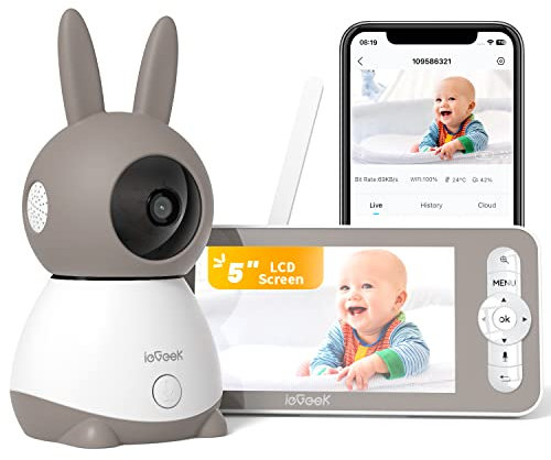 ieGeek 2k Baby Monitor Video e Audio con 5 LCD, Telecamera Bambini con Monitor Supporto Controllo Tramite APP Mobile & Monitor, 3000 mAh Batteria Ricaricabile, 3 Tipi di Rilevamento Intelligente