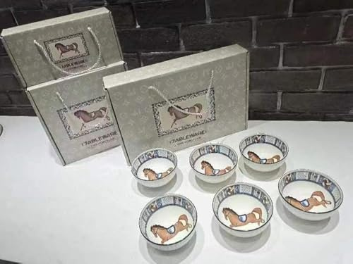 electromax Ceramic Serving Bowls, Chinese Rice Bowl with Gift Box, Japanese Pottery Bowls, Porcelain Serving Bowls for Rice, Soup, Dessert, Snack, 10oz/300ml, (6Pcs Set, Horses)