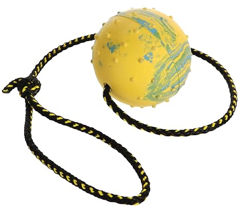 Dingo Hundeball – vollständig mit Gummi gefüllt, mit Glocke und 60 cm langem Seil – geeignet zum Apportieren, Hundesport, Agility, Spielen – mittlere Größe – zufällige Farbe (17280-2)