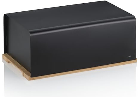 kela Panera negra 38 x 23 x 16 cm, tapa de bambú FSC como tabla de cortar, panera de metal mate, KIRIL, caja para guardar pan