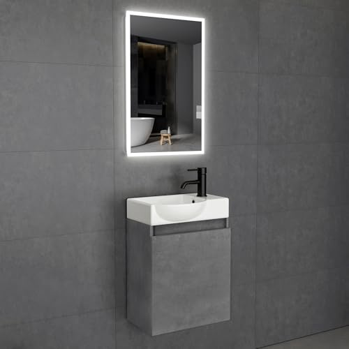 Alpenberger Waschbecken mit Unterschrank Gäste WC, LED Spiegel, Grau | Kleiner Waschtisch mit Unterschrank hängend & Badspiegel 45x70 cm: Keramik, MDF, Soft-Close Tür, Überlauf, links Becken