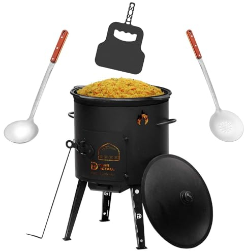 Ø49cm Uchag 2mm stahl Utschak Feuerstelle Utschag Campingofen 22L Kazan WOK Kasan (Runder boden) Feldküche Außenküche Eintopfofen mit Schaumkelle Suppenkelle Grillfächer