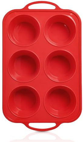 Foepoge Deep and Jumbo Silicone Muffin Tray 6 Cup with Metal Reinforced Frame, Non Stick Silicone Cupcake Tray with Handle, Muffin Moulds Yorkshire Pudding Tray, Cupcake Tin, Red
