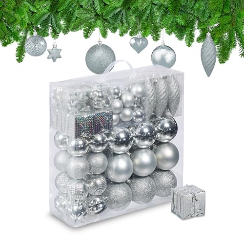 Relaxdays Weihnachtskugeln 110er Set, Kunststoff, Weihnachtsbaumdeko mit Kugeln & Lametta, Christbaumschmuck, Farbwahl
