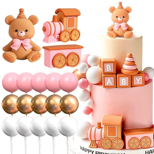 Roaring Good Time Teddybär Tortendeko für Taufe, Mädchen 1 Jahr Rosa, Kuchen Dekoration für Babyshower, Geburtstag, Hochzeit Party