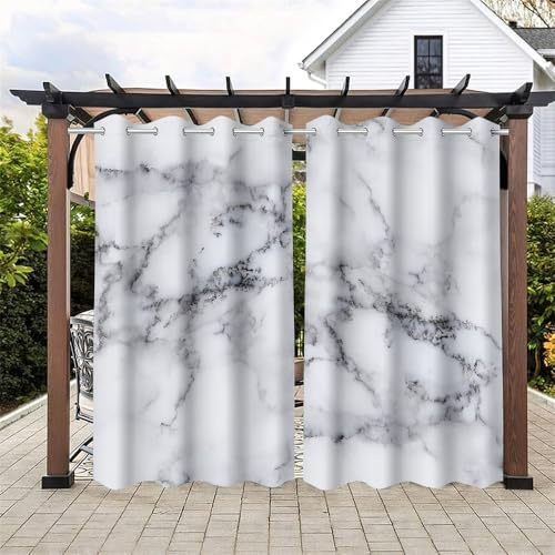 Hiseng 2 Stück Outdoor Vorhänge mit Ösen lichtundurchlässig Wasserdicht Verdunkelungsvorhang, Marmor Druck Outdoorvorhänge Blickdicht Vorhang für Pavillon (137x203cm,grau)