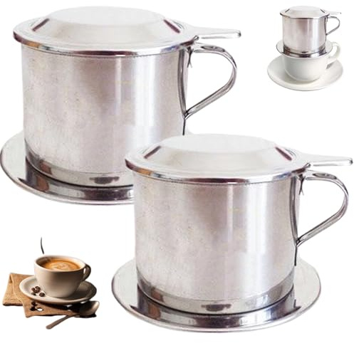 Vietnamesischer Kaffee -Tropf 2PCS -Set Edelstahl -Kaffee -Dripper -Set enthalten Deckel, Tablett, Filter, vietnamesische Kaffeemaschine mit Griff, langsame Tropfkaffeemaschine, vietnamesische Kaffee