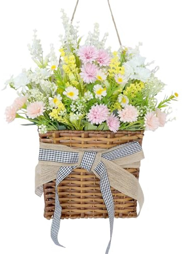 Whemyreat 35cm Frühlingskranz für die Haustür,mit Gänseblümchen für Haustür,Künstliche TrockenblumenTürkranz Blumenkorb für Frühling,Frühlingdeko für Innen und Außendekoration