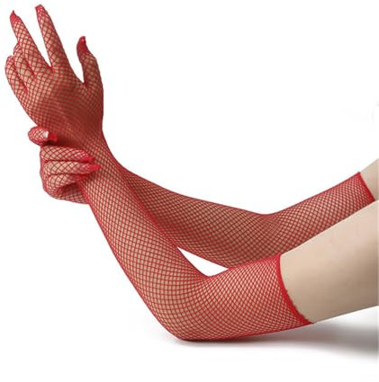 1 Paar Lange Netzhandschuhe Damen Fischnetz Handschuhe Netzärmel Netz Armstulpen Fishnet Gloves Rock Handschuhe Spitzenhandschuhe Mode Opernhandschuhen für Hochzeiten Opern Dinnerpartys Prom (Rot)