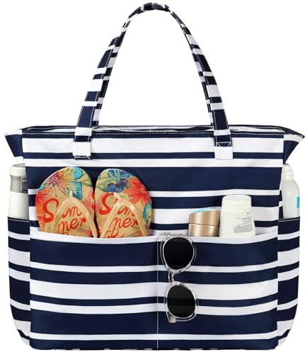 Trifabricy Beach Bags for Women Waterproof Sandproof Women Tote Bag, Large Beach Bag with Zipper for Gym Grocery Travel Vocation with Wet Pocket