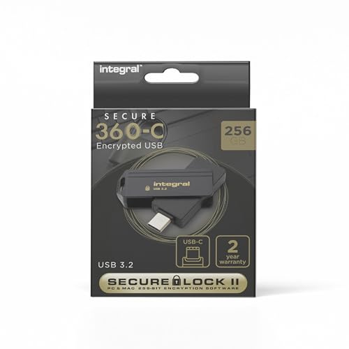 Integral Secure 360-C Clé USB Chiffrée 256 GB – Connecteur USB-C – Chiffrement AES 256 Bits – Compatible avec Mac, MacBook, PC, Ordinateur Portable