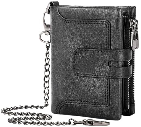 Billetera de cuero vintage - billetera de cadena de acero, billetera trifiña de cuero | Bloqueo de la cadena antirrobo para motociclistas, motocicleta, billetera para hombre con cadena RFID bloqueando