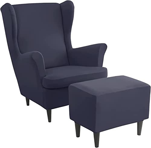 ZGantrix Ohrensessel überzug mit Hocker Bezug, 2 Teilig Sessel-Überwürfe+1 Teilig Ottomane Schonbezug, Beige/Grün/Rosa/Blau Ohrensessel Schonbezüge Sesselhusse Stretch Tiger Stuhlbezug mit Armlehne