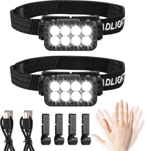Stirnlampe LED Wiederaufladbar 2 Stück, Superhell 2500 Lumen 5 Lichtmodi Leichtgewichtig IPX6 Wasserdicht Leicht Sensor Kopflampe,Stirnlampen für Outdoor Camping Laufen Angeln,für Kinder Erwachsene