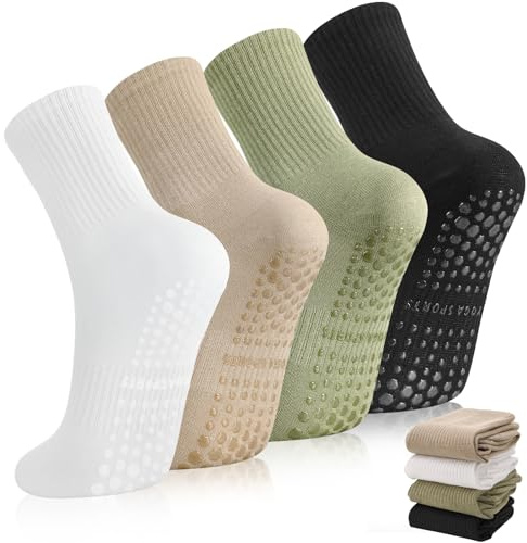 Zuimei 4 Pairs Pilates Socks with Grips Non Slip Yoga Socks for Women Long Pilates Grip Sock Grippy Athletic Sock for Yoga Ballet Sports Fitness Dance Barefoot Workout Home Hospital