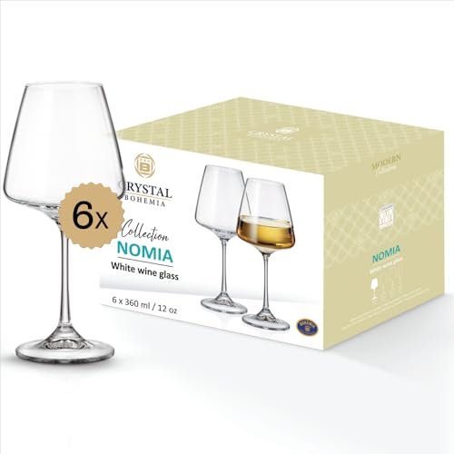 Crystal Bohemia Weißweingläser - 6er Set, je 360 ml, spülmaschinenfest, kratzfest - Elegante Kelche aus Kristallglas für Chardonnay, Pinot Grigio & Riesling - Ideal für Dinner, Partys & als Geschenk