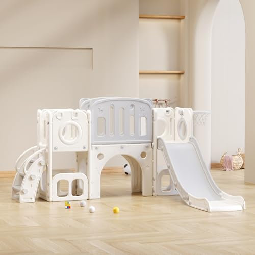 FOERPL Scivolo per Bambini 6 in 1, Set di Scivoli in Plastica con scale,cestino da basket,scatola portaoggetti,tunnel e piattaforme - Parco Giochi da Interno per bambini