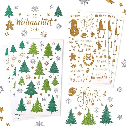 Kesote Sticker Weihnachten 280x Aufkleber Glitzer Weihnachtssticker Deutsch Weihnachtsaufkleber Selbstklebend Gold Stern Silber Schneeflocken Weihnachtsbaum Weihnachts Etiketten Weihnachtsdeko Basteln