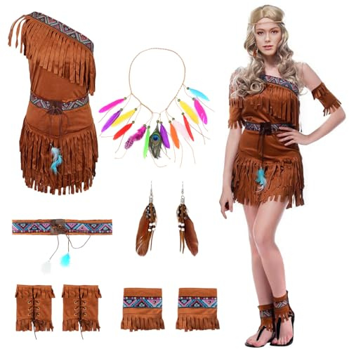 TOYTOPIE Indianer Kostüm Damen, Indianerkostüm für Karneval Fasching, Schönes Kleid mit Feder Stirnband, Ohrringe, Gürtel und Stiefelüberzüge, Handgelenkband, Karneval Kostüm Damen Indianerin (L)