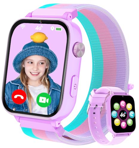 Kinder Smartwatch GPS und 4G Telefon, Kinderuhr mit Videoanruf, Voice Chat Schulmodus WiFi SOS, Spiele, Wecker, Schrittzähler, Telefonuhr Smartwatch Kinder für Mädchen Jungen 4-12 Jahren - Hellviolett