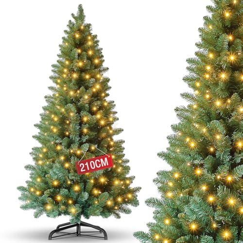 210cm Weihnachtsbaum Künstlich ，Tannenbaum Künstlich PVC mit Metallständer、LED Beleuchtung，Premium Nordmanntanne,Schwer Entflammbarer Automatischer Christbaum，Naturgetreuer Tannenbaum Künstlich
