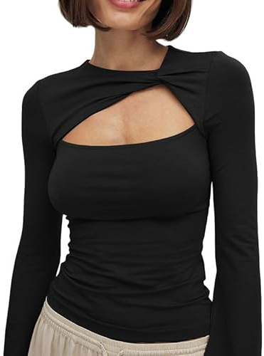 Sukiglam Maglietta Donna Maniche Lunghe a Campana Elegante T-Shirt con Disegno Traforato Sexy Y2K Top con Nodo Decorativo Casual Blusa Basic Slim Fit Magliette Tinta Unita Pullover per Streetwear