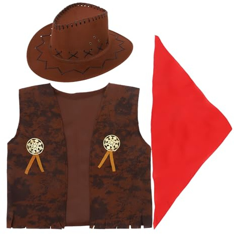 BESPORTBLE Barn cowboy kostym västerländsk cowboy set väst hatt halsduk för halloween karneval utklädningsfest brun storlek M (115–130 cm)