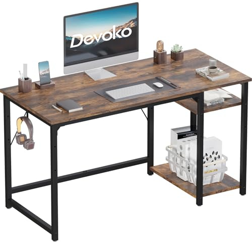 Devoko Scrivania Per Computer Industriale 120 x 50 cm Marrone | 2 Ripiani Regolabili Sinistra/Destra in Acciaio, Tavolo da Lavoro Mobile per Ufficio Casa Stile Vintage, Tavola in Legno