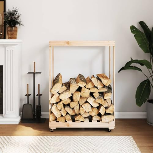 Mangloder - Estantería para leña con ruedas de pino macizo 76,5 x 40 x 108 cm, para almacenamiento de leña, almacenamiento de leña, soporte para leña y refugio de madera para interior y exterior