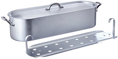 Pentole Agnelli Poissonnière avec Bord, Couvercle et Grille, avec 2 poignées, en Aluminium BLTF, Finition Mate 45 cm Argent