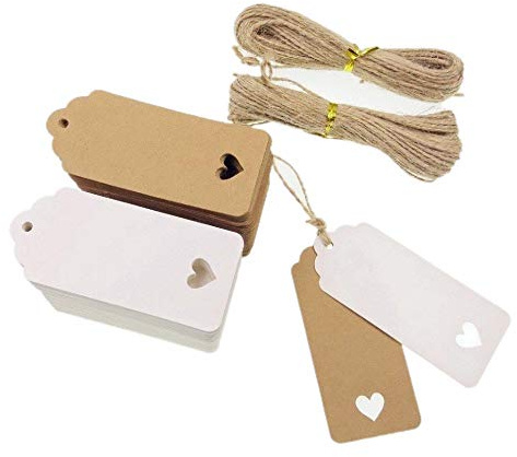 JZK 100 blanco + 100 marrones = 200 unidades en total, etiquetas de papel kraft con forma de corazón + 40 m de cuerda de yute, etiquetas de papel para bodas, regalos, marcapáginas