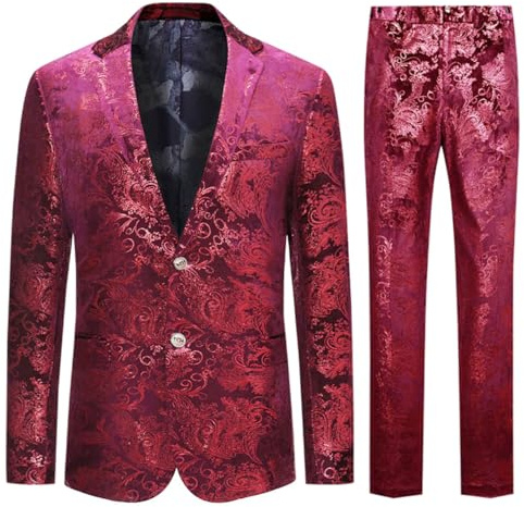 Allthemen Abito da Uomo in 2 Pezzi Slim Fit Casual Wedding Business Cena Jacquard Vestito Completo Giacche Blazer Pantaloni Rosso S