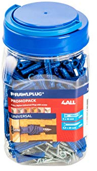 Rawlplug - Home, Furniture & DIY:DIY Materials:Nails, Screws & Fasteners:Wall Plugs & Fixings - All Products - Rawlplug 4ALL Nylon Universal Wall Plugs 8 x 40MM + 5 x 60MM Screws Jar Of 400