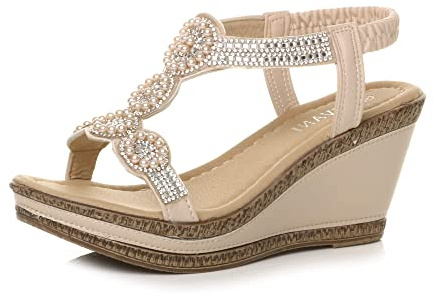 AJVANI Kvinnor damer hög kilklack plattformsspänne sommar peeptoe sandaler storlek, Beige Diamant, 40 EU